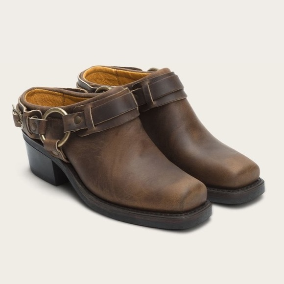 Frye Belted Harness Distressed Brown Leather Mule - Picture 2 of 16